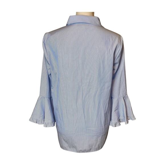 Blue White Striped Bell Sleeve Button Down Shirt Classic Office Chic Top 14 - Picture 5 of 9